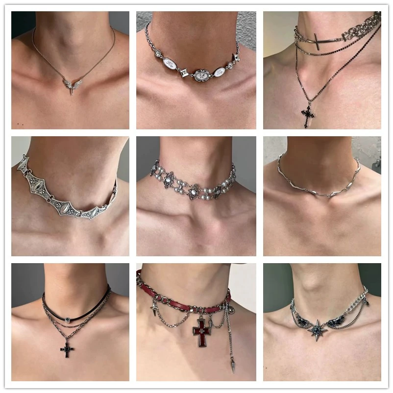 Cross Star Pendant Irregular Wave Shape Chain Necklace For Women Man Hip-Hop Collarbone Chain Unisex Grunge Jewelry Wholesale