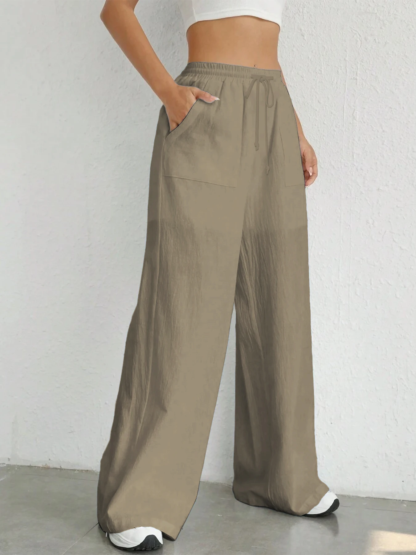Damen-Hose in Unifarbe, lockere Hose mit weitem Bein, lässige Hose mit Kordelzug, gerade Hose mit Taschen, lässige Hose, lockere Hose mit hoher Taille – Detail 23