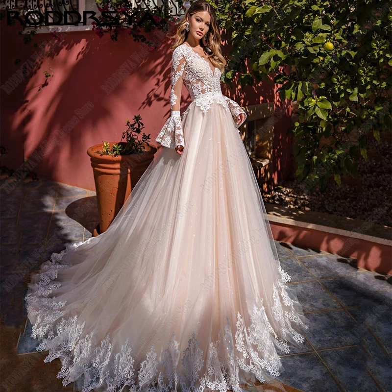 RODDRSYA vestido De novia De tul brillante, apliques De manga larga, vestido De novia, ilusión De encaje en la espalda