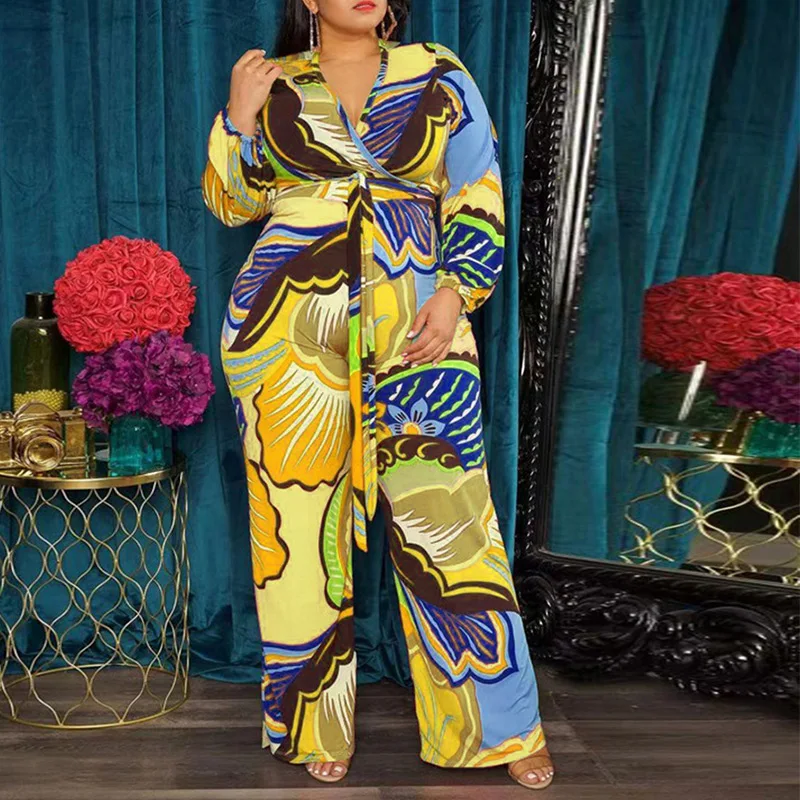 Spring Autumn New Fashion Temperament Trend Plus Size Office Lady Jumpsuit Vintage Sexy Print Loose Suit Women Oversized Clothes