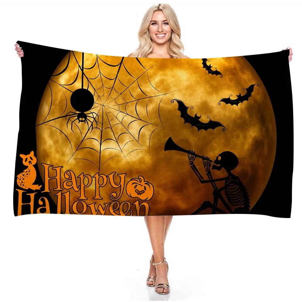 

3D Cartoon Halloween Beach Towel Forest Horror Castle Pumpkin Bat Witch Microfiber Quick Dry Bath Towel Festival Gift Boys Girls