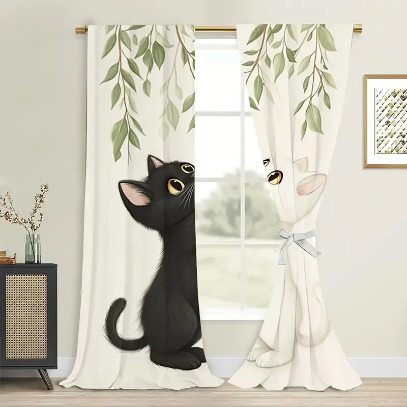 2PCS- Elegant cat print curtains, pole bag curtains, bedroom and living room, home decoration, room decoration