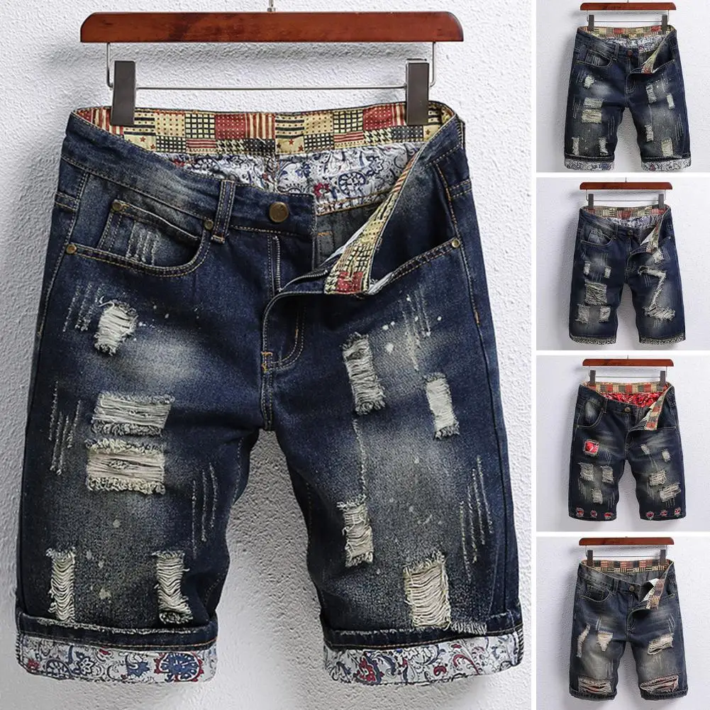 Men Denim Shorts Men's Retro Denim Shorts with Ripped Holes Patch Design Straight Leg Streetwear Shorts with Pockets for Summer