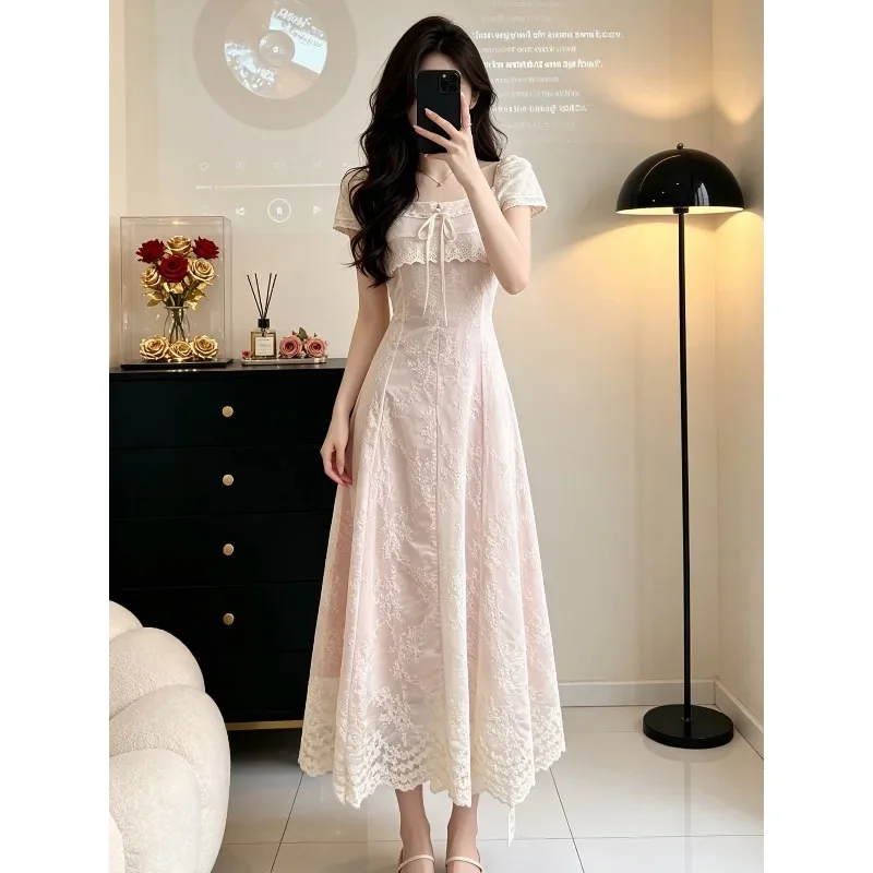 Liangzi Wu Pink Tea Party Summer Girl's Lace Patchwork Embroidered Long Dress with A Waist-cinching Dress