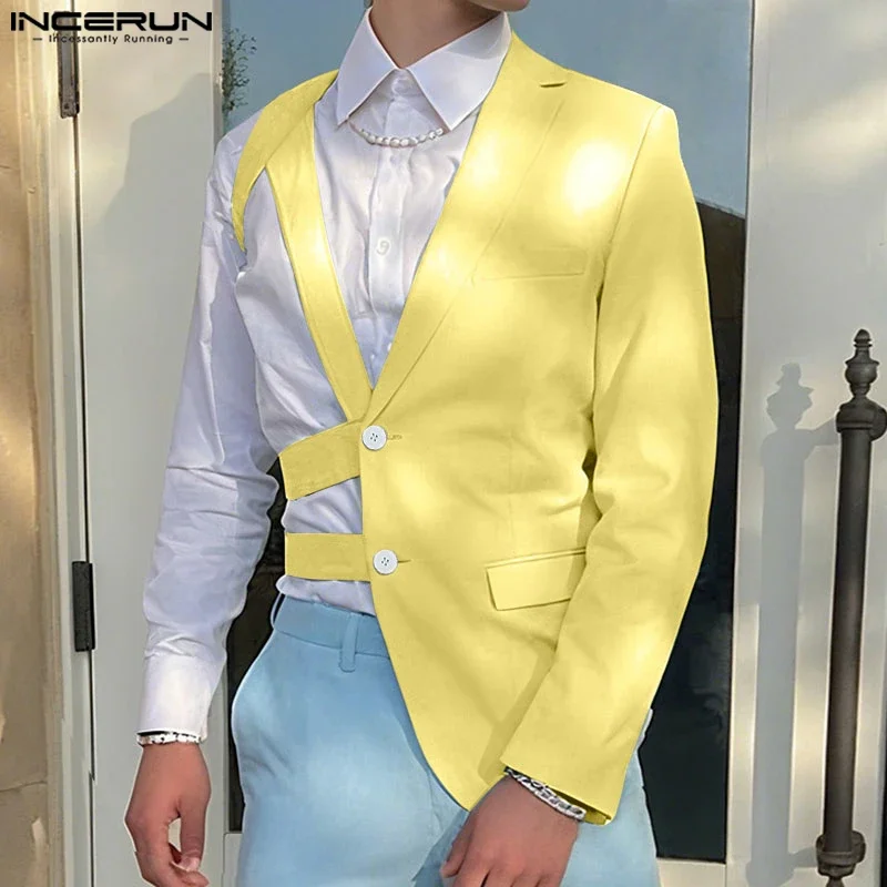 INCERUN Men Irregular Blazer Lapel One-shoulder Long Sleeve Button Hollow Out Casual Suit Men Streetwear 2025 Fashion Thin Coats