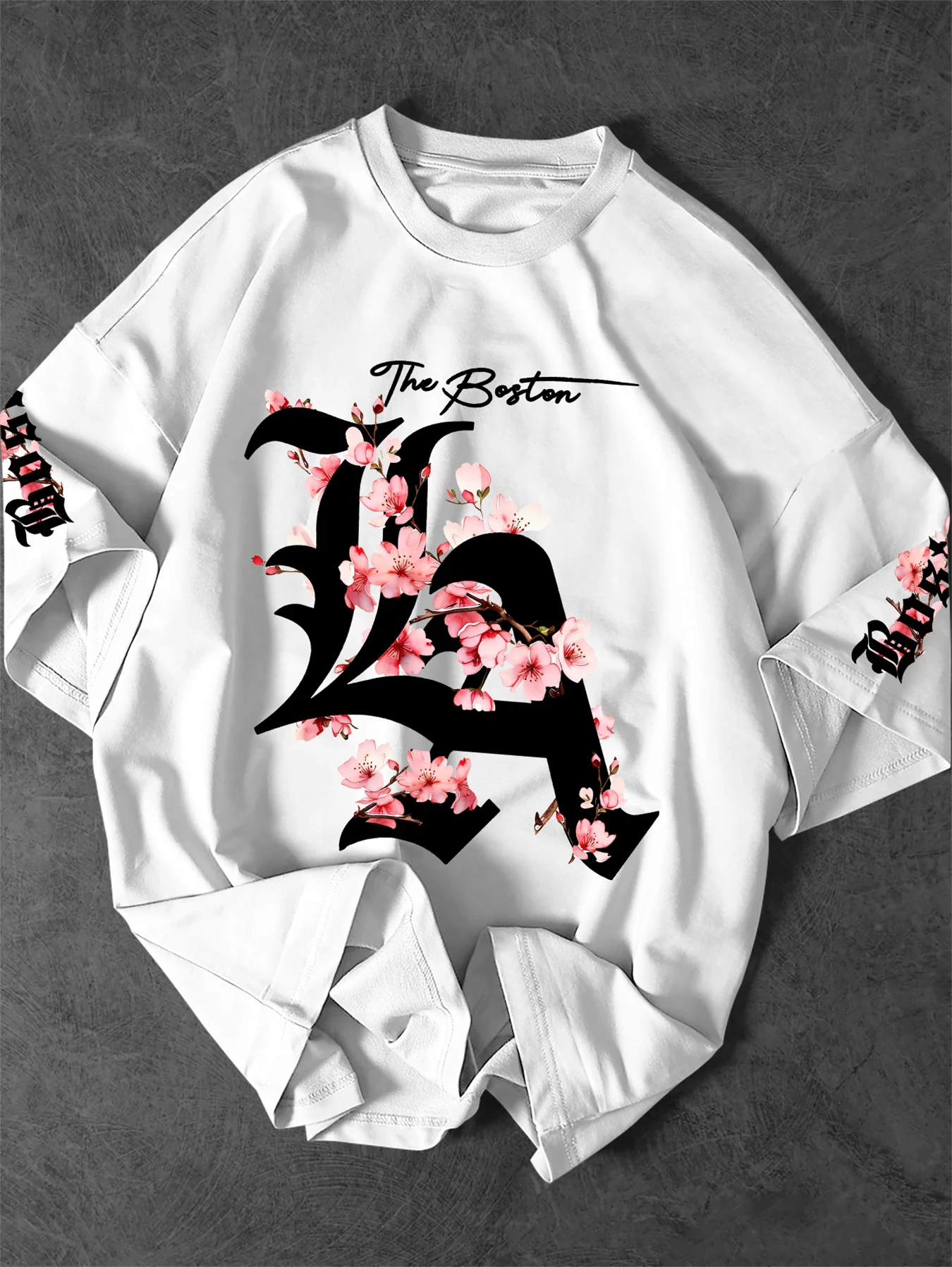 Men Oversized Drop Shoulder T-shirt, Boston Sakura Floral Gothic Letter Graphic Print Casual Tee