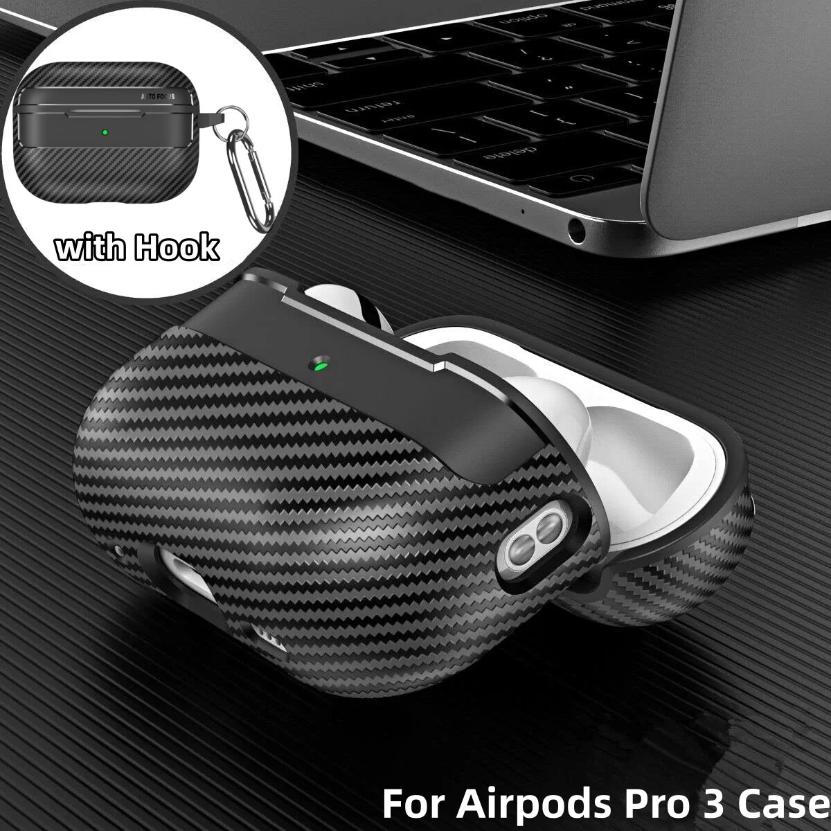 AirPods Pro 3 ケース 2025 カーボンファイバーテクスチャケース カラビナ＆クリーニングキット付き 耐衝撃 ワイヤレスカバー AirPods Pro 3用