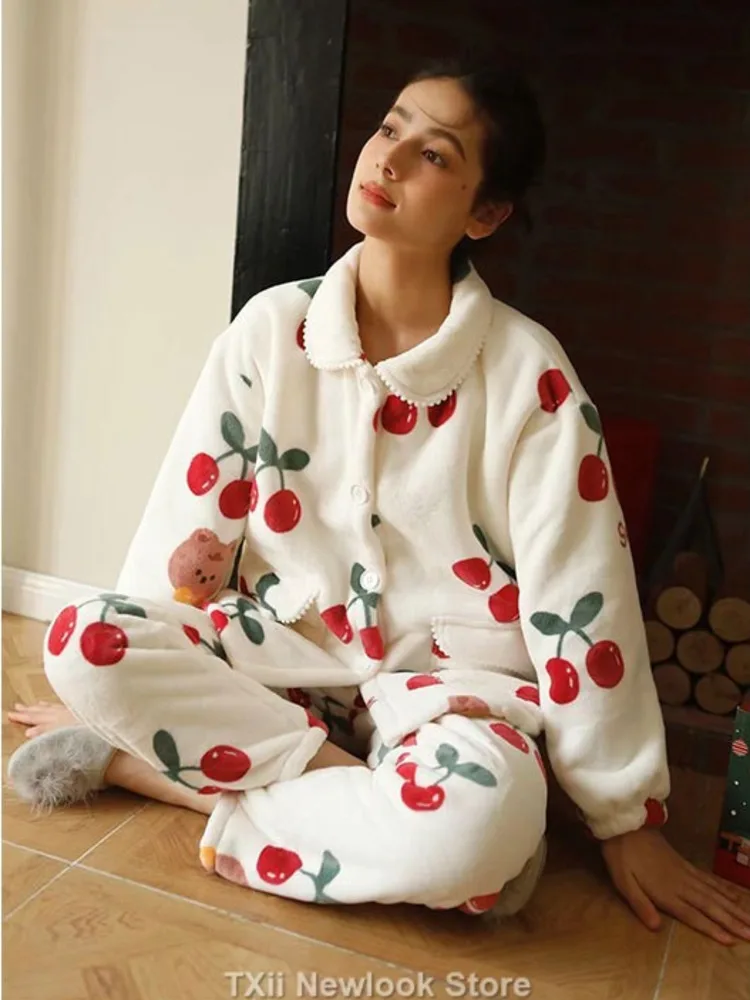 Crucii-Ensembles de pyjama en velours épais pour femmes, vêtements de détente à manches longues, vêtements de nuit de haute qualité, imprimé floral animal multicolore, hiver