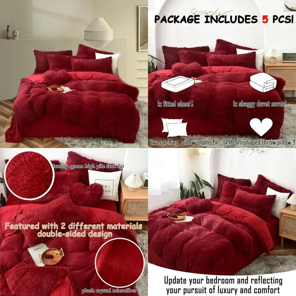 

King Size Red Fluffy Faux Fur Duvet Cover Set - 5-Piece Velvet Quilt Cover with Pillowcases