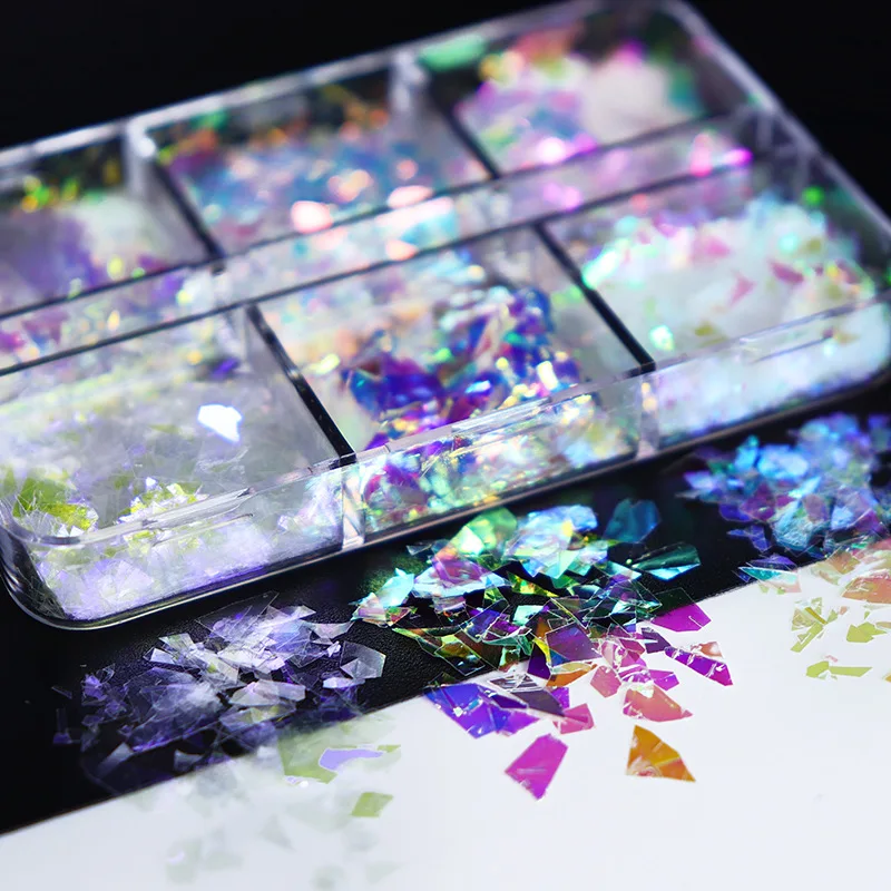 6 Grids Aurora Iridescent Opal Nail Glitters Flakes Chrome Powder Reflective Butterfly Star Nail Sparkles Gel Polish Decoration