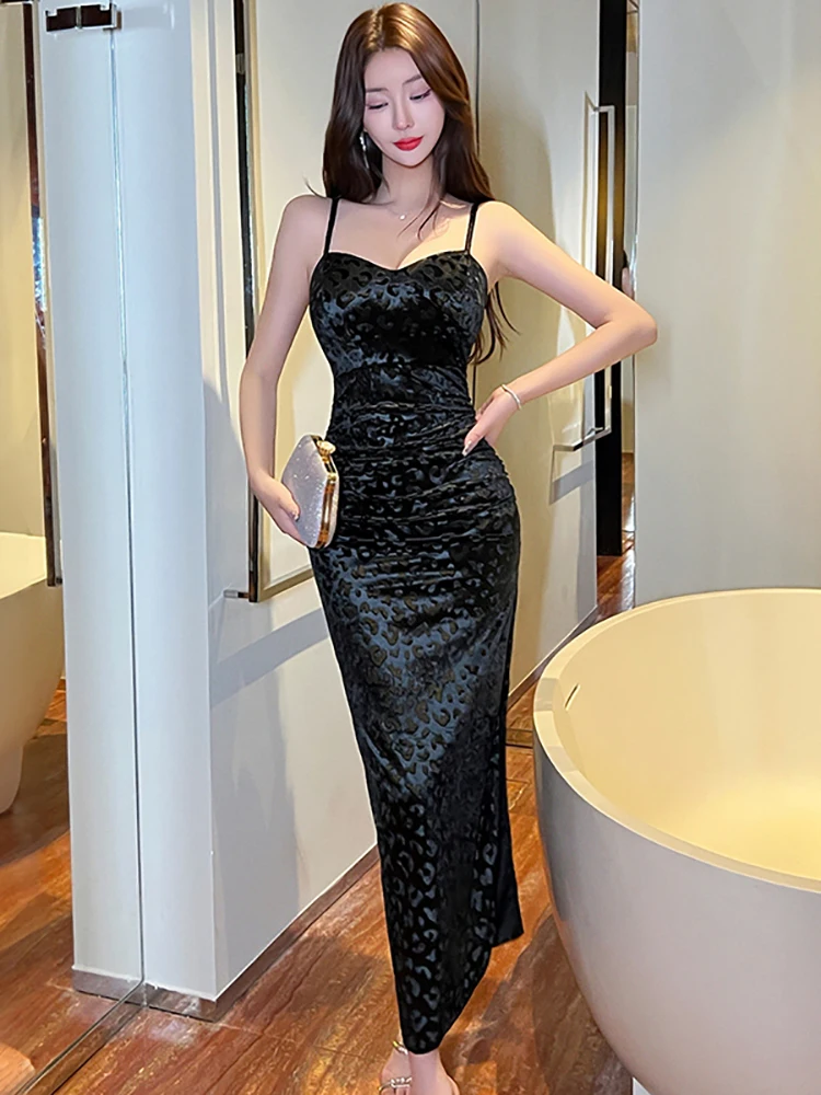 المرأة الأخضر المخملية الجاكار الساتان مثير فستان بكتافة الخريف مطوي Bodycon مهرجان فستان 2025 الكورية خمر فستان سهرة فاخر #3