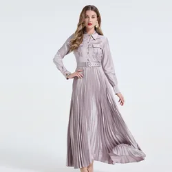 Elegant Autumn Two Piece Set Long Dresses For Women's Summer Maxi Pleated Dresses Evening Robe Party Vestidos Belt Fancy