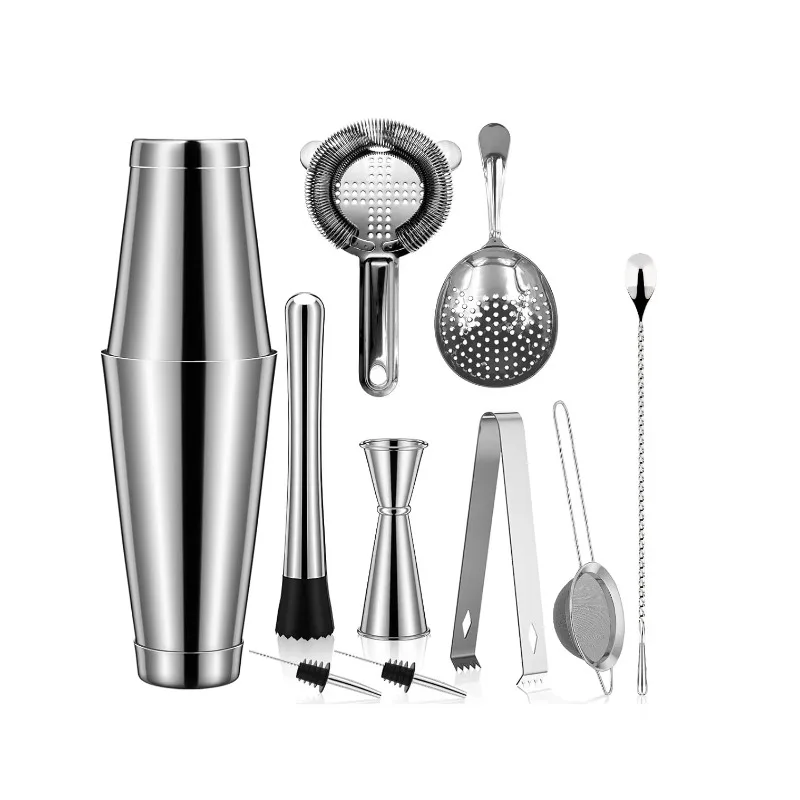 

Customized 10-Piece Bartending Kit New Design Bar Accessory Tools Set Stainless Steel Boston Shaker Directly