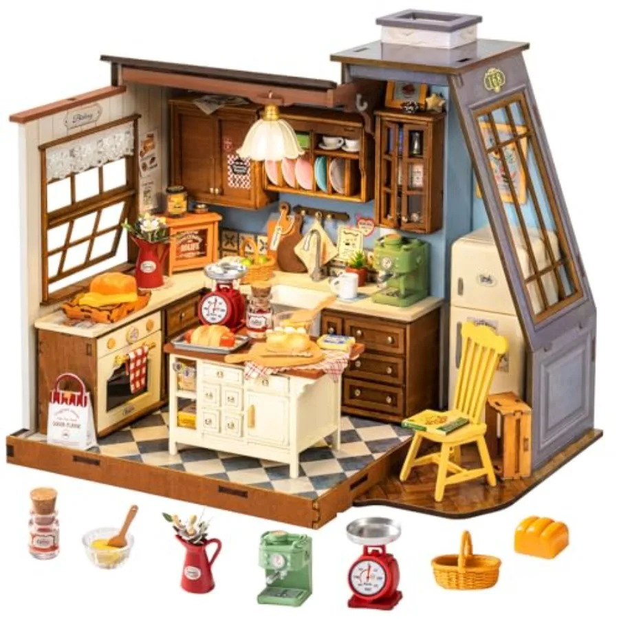 DIY Dollhouse Miniature House Kit 1:18 Scale Baking Kictchen with Pitched Roof Window Diorama Tiny House Building Kit Crafts fo
