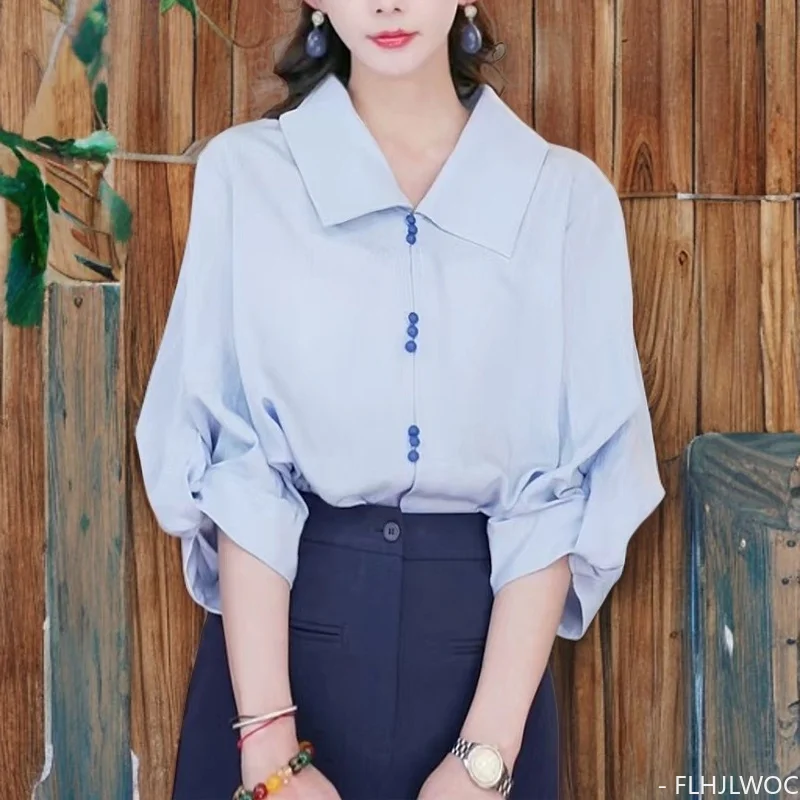 

Office Lady Button Shirts Blue New Design Women Chic Korea Fashion Blusas Solid Retro Vintage Tops