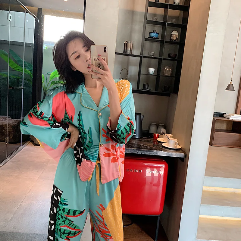 Autumn New Plant Print Satin Pajamas Set Women\'s Home Wear Long Sleeve Elastic Waist Temperament Sleepwear Two Piece Pajama Set