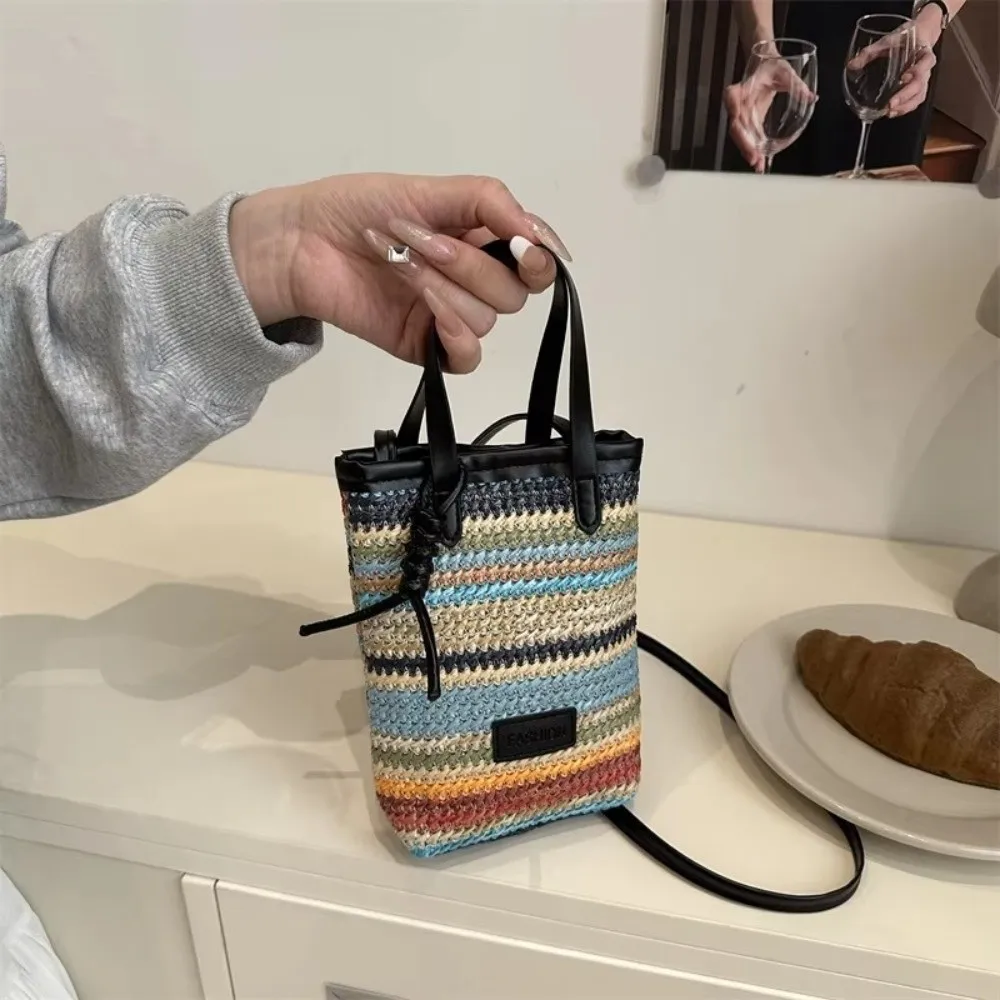 Contrasting Color Straw Messenger Bag High Capacity Light Weight Straw Crossbody Bag All-match Shoulder Bucket Bag Daily Use
