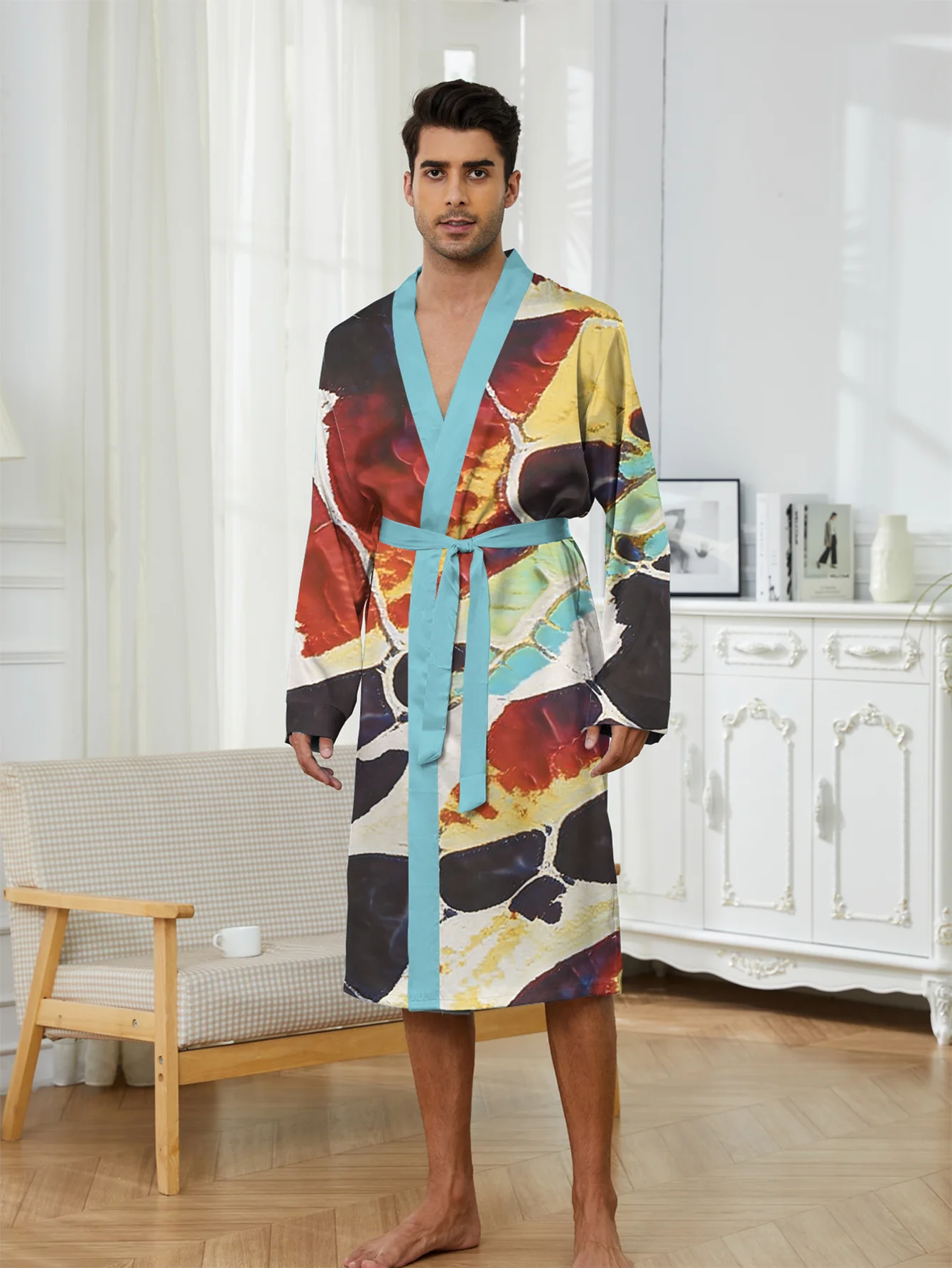 Spring Autumn new 3D digital printed men bathrobe with skin friendly and lightweight design,fast drying and non fading home wear