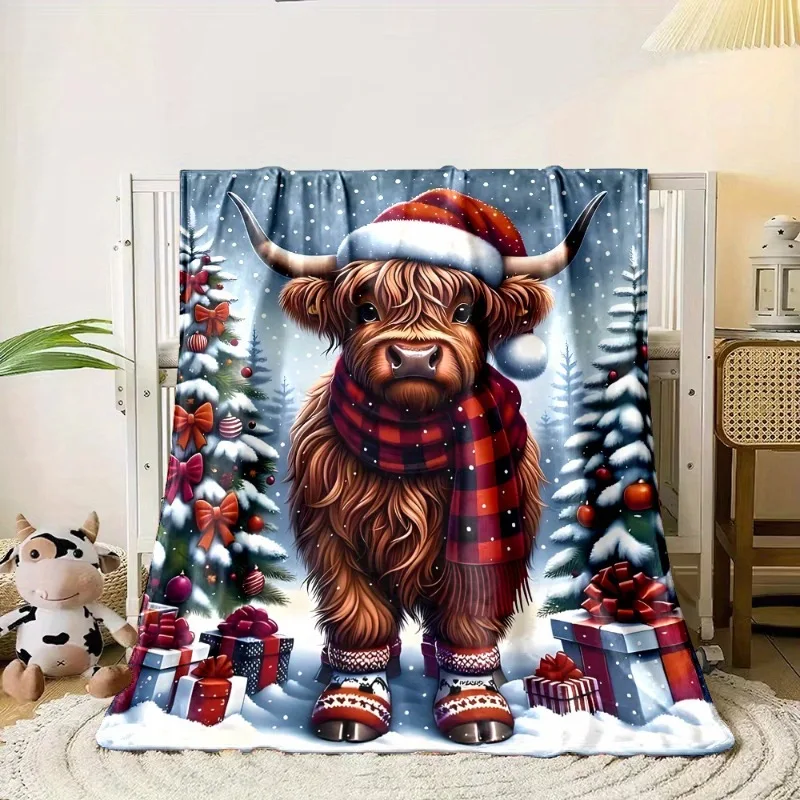 [Cozy Highland Cow Blanket] Cozy & Reversible Highland Cow Christmas Throw Blanket | Soft Flannel Perfect for Bed Sofa Camping