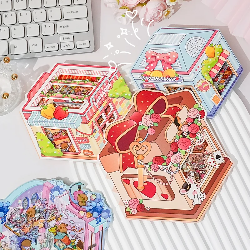 Card Lover 3 Pcs [Miniature Small World Sticker Series] 2.5D Page Flip Mini Edition Landscape Stickers DIY Puzzle Material Kit