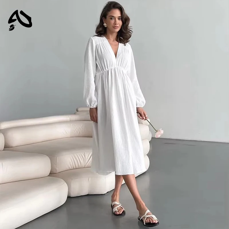 Original Elegant 100% Cotton Dress Long Sleeve V-Neck High Waist Evening Party Dress Women Robe Mori Girl White Midi Dresses