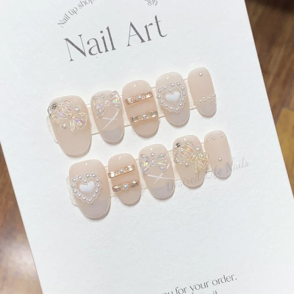 Handmade Nude Press on Nails Short Round Cute Bow Design Reusable Fake Nails Artifical Nail Tips Nail Art Desired Life Store