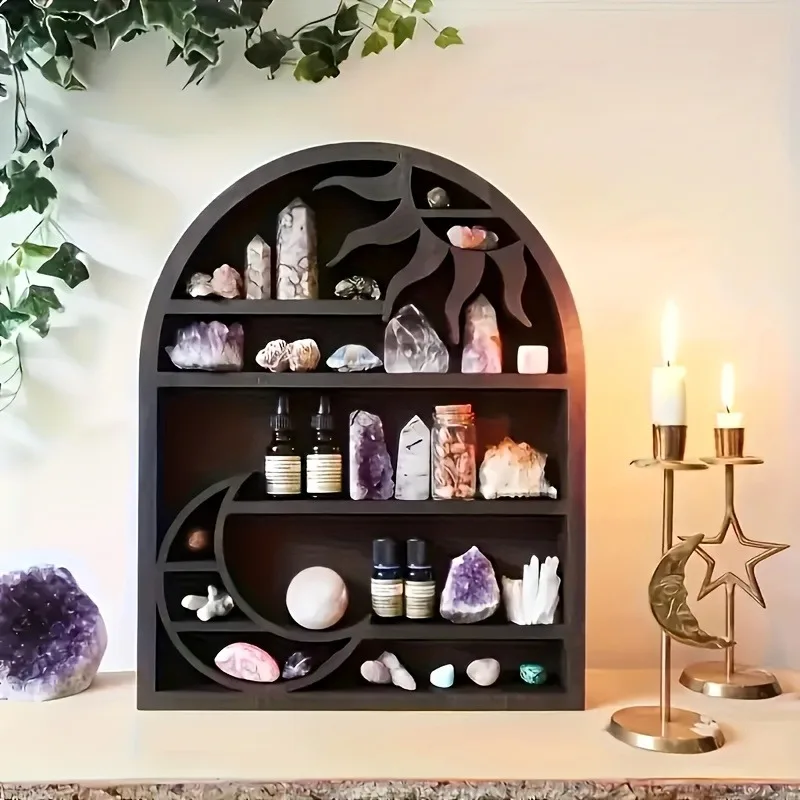 

Bohemian Style Moon Crystal Display Rack Wooden Storage Rack Suitable for Crystal Candle Decor Living Room Decor Home Storage