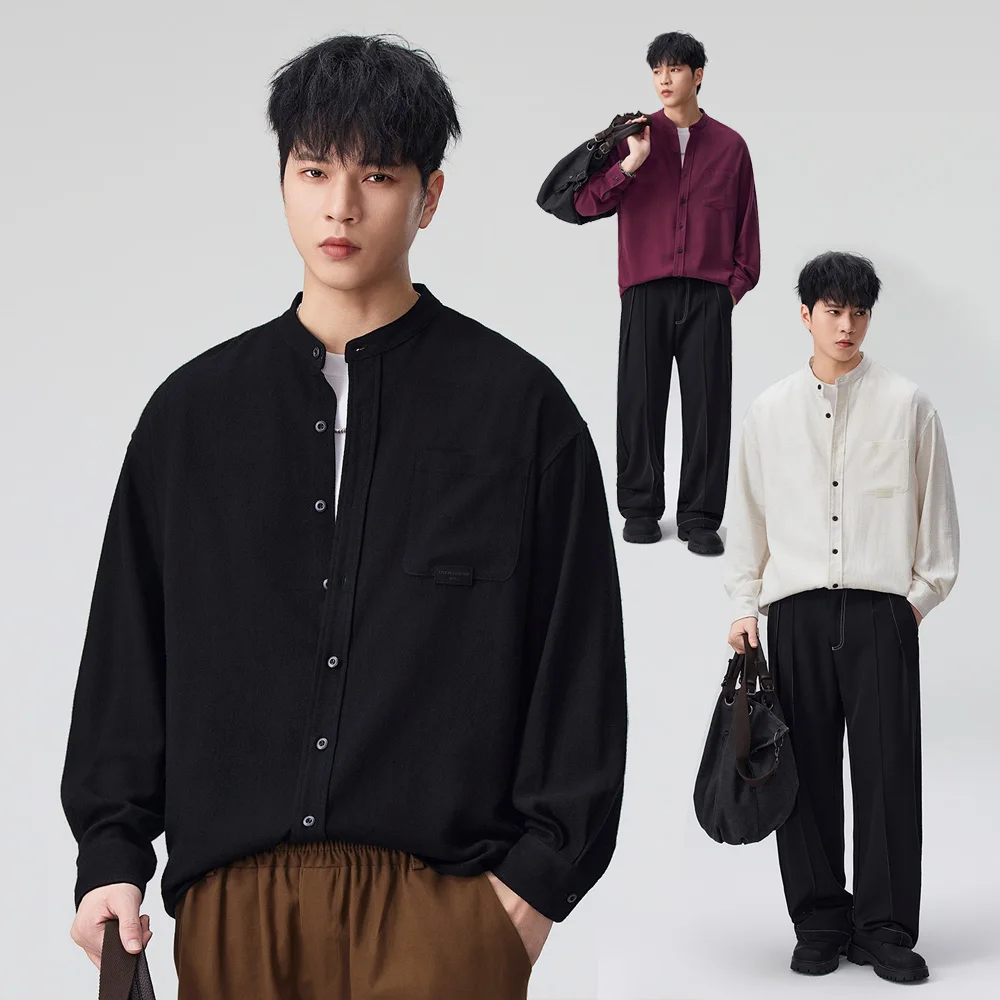 

Мужские льняные рубашки больших размеров с воротником-стойкой, свободного кроя, с длинным рукавом, в винтажном стиле, для весны и осени