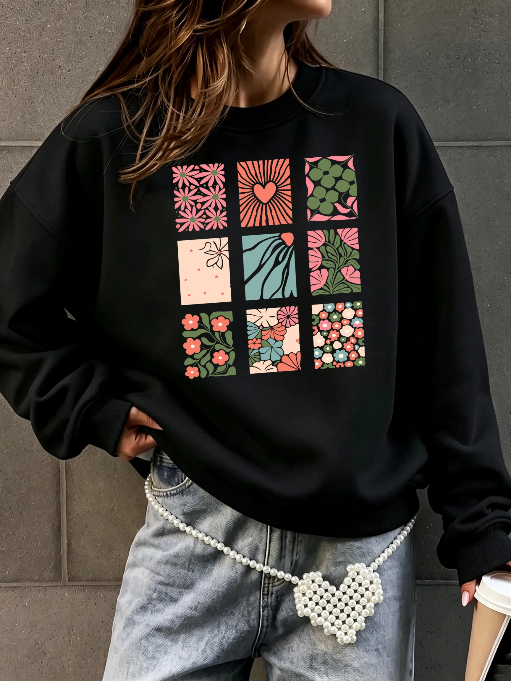 Floral Heart Abstract Botanical Print Women'S Sweatshirts Crewneck Pullovers Loose Jogging Sportswear Autumn Fleece Clothes