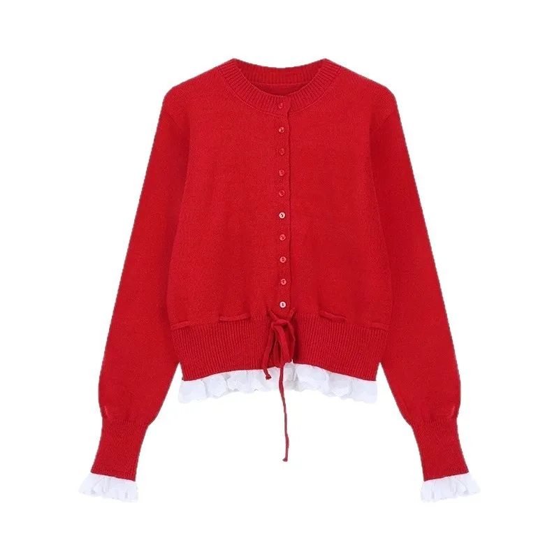

Новогодний красный вязаный свитер, женский зимний сладкий ветер, дизайн Sense, рюшами по краям, нижняя рубашка с длинными рукавами и озером, топ в стиле ретро