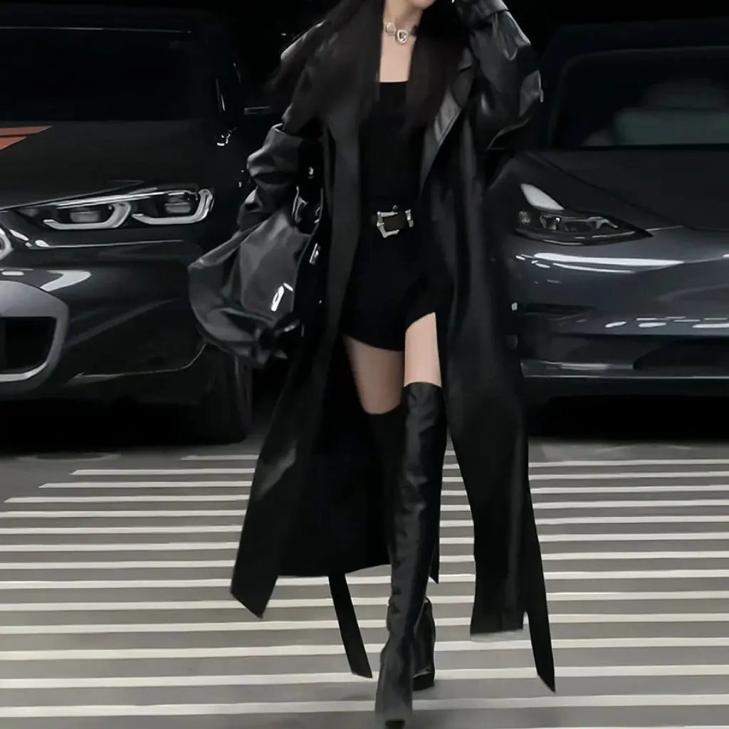

Women's Korean Style Retro High-End Dark Long Coat Fall Fashion All-match Loose Mid-Length Leather Windbreaker