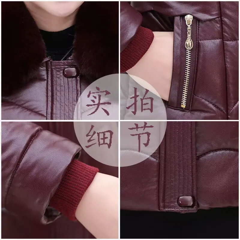 중년 여성 PU 가죽 재킷 신상 겨울 재킷 벨벳 안감 보온 코튼 파카 여성 엄마 인조 가죽 코트 5XL