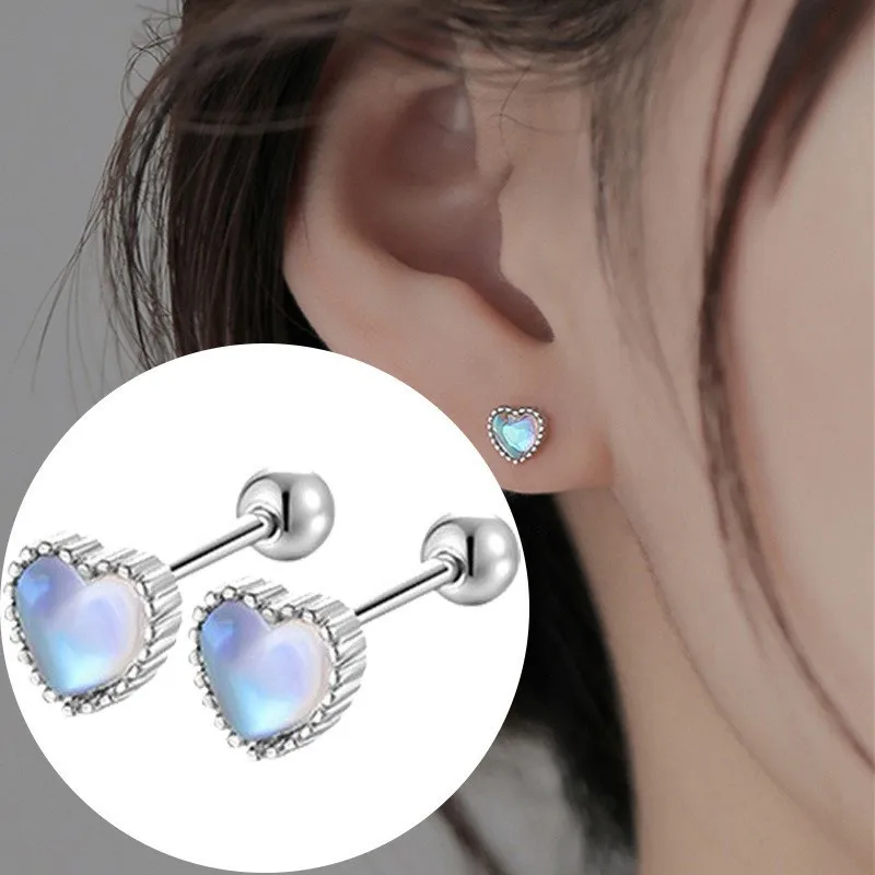 Fashion Heart-shaped Natural Moonstone Stud Earrings for Women Advanced Versatile Screw Bead Ear Piercing Party Jewelry Gifts