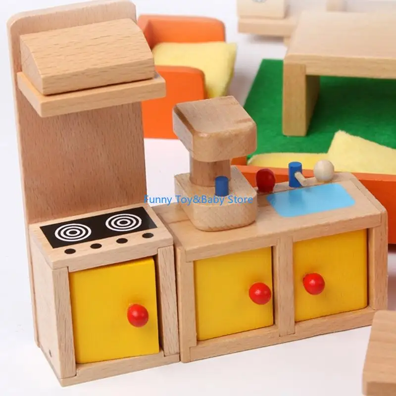 أطفال التظاهر اللعب أثاث خشبي Mniature مجموعة غرفة نوم المطبخ الحمام المشهد اكسسوارات للطفل لعب الأدوار لعبة C90B #3