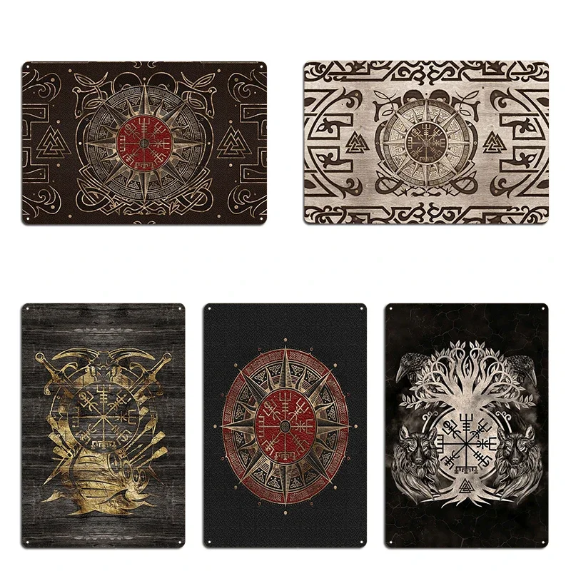 Viking Vegvisir Shield Navigation Compass Black and red Leather and gold Metal Plaque Wall Decor Funny Printed Tin Sign Poster