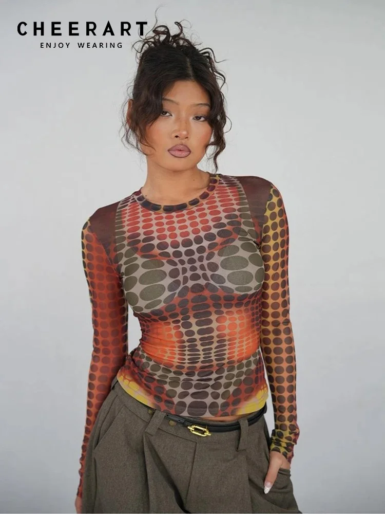 CHEERART Designer Polka Dot Long Sleeve Tees Mesh Top For Woman Graphic T Shirts Orange Fashion Tshirt 2026 Spring Clothes