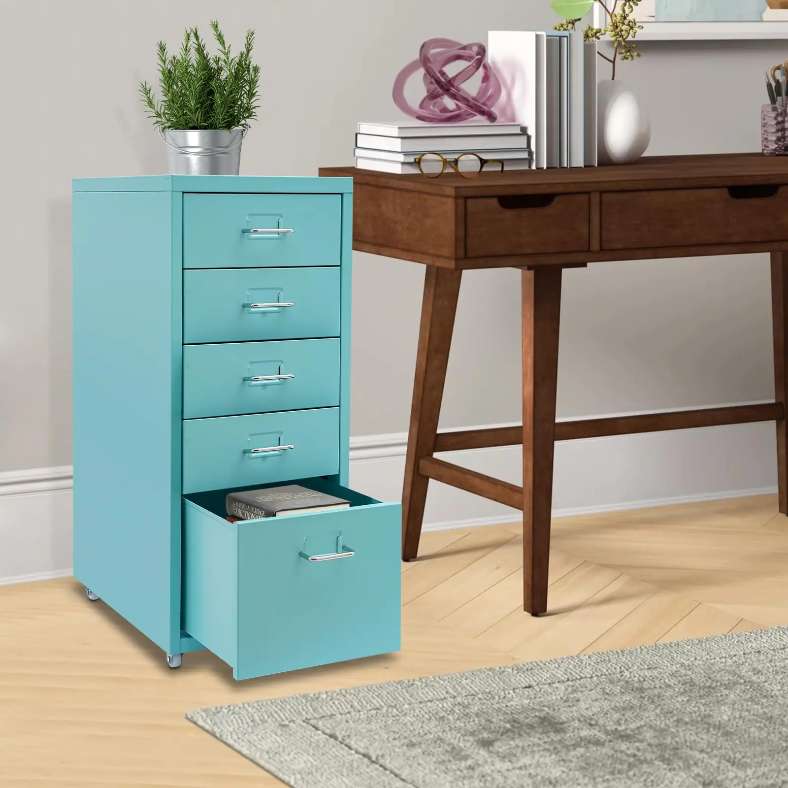 Metal File Storage Cabinet, 5 Drawer under Desk Filing Cabinets with Wheels, Mobile Home Office Furniture for A4 Legal/Letter Size