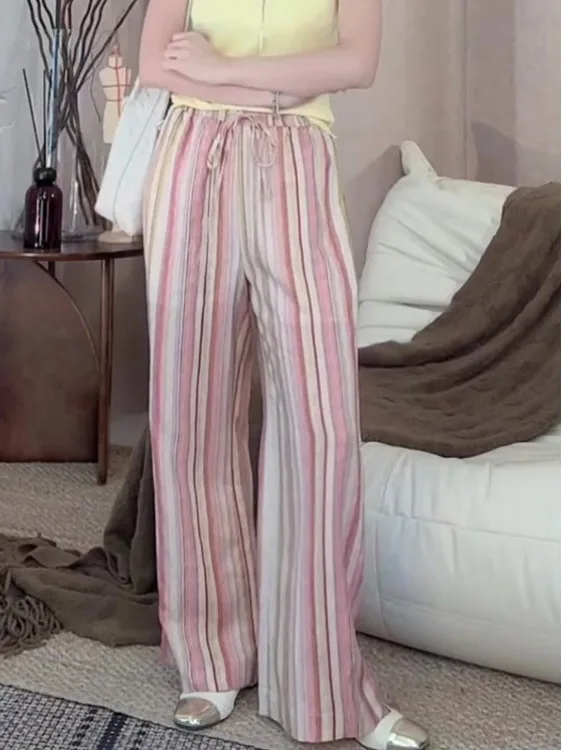 

Лето 202, Новое поступление, широкие брюки в радужную полоску, свободные винтажные повседневные длинные брюки для женщин больших размеров