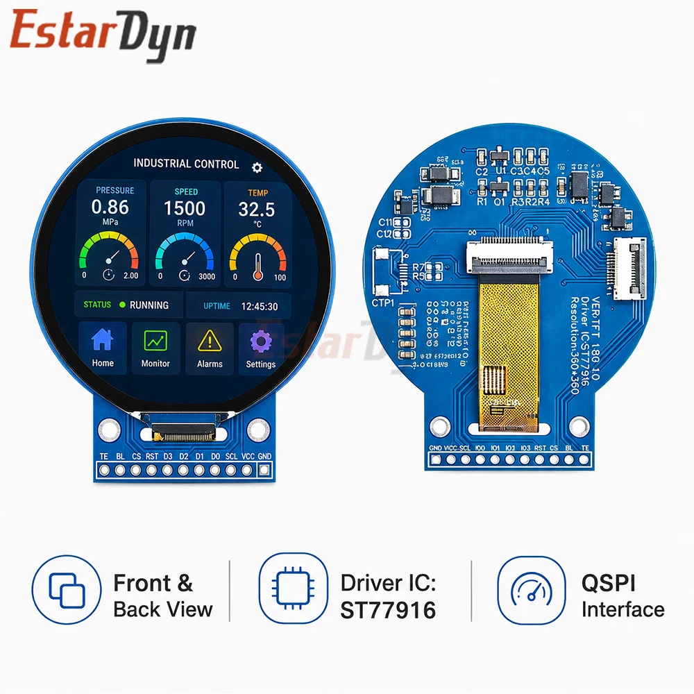 Estardyn 1.8 Inch Round TFT LCD Display Module 360x360 ST77916 SPI QSPI Interface for Smartwatch DIY Project