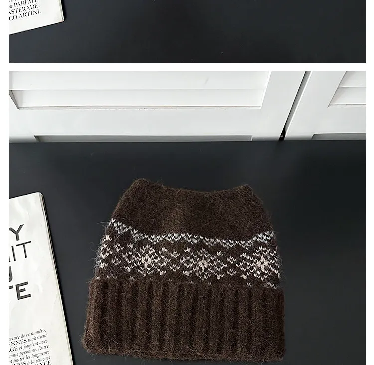Niedliche Strickmützen mit Katzenohren für Damen und Herren, weiche, flauschige Mischgewebe-Wintermützen, Retro-Fair-Isle-Jacquard-Muster, Streetwear-Design, Skullcap. – Detail 9