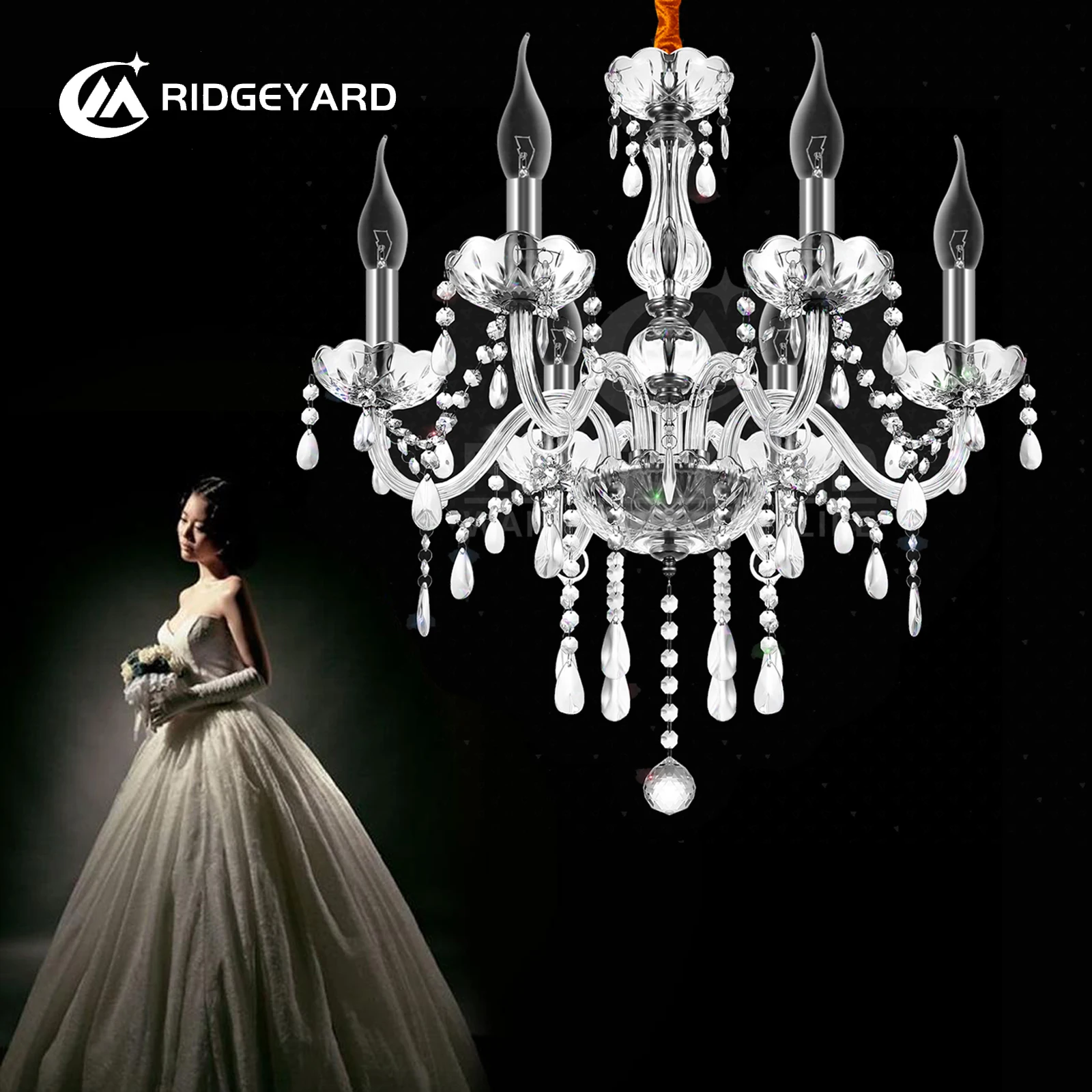 Ridgeyard Classic 6 Lights frędzle żyrandol 6 Arms Crystal Lustre lampa sufitowa do dekoracji pokoju luksusowa świeczka oświetlenie