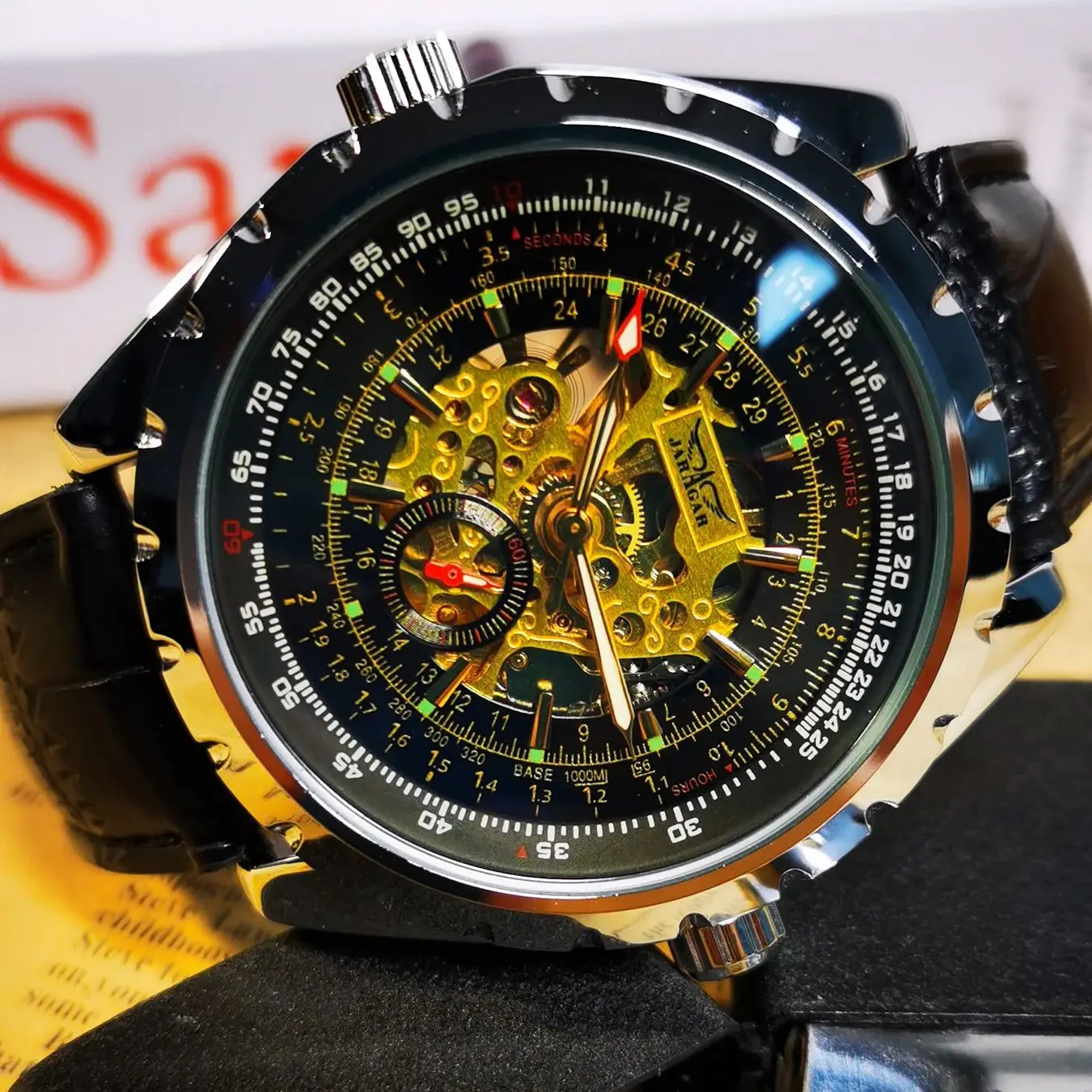 ساعة JARAGAR الرياضية الميكانيكية للرجال مضيئة الأيدي الجلدية الصلب حزام رجال الأعمال ساعات المعصم الفاخرة العلامة التجارية الأعلى