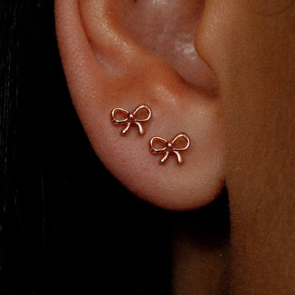 2PCS Simple Bowknot Minimal Stud Earrings For Women Cute Small Stainless Steel Hypoallergenic Punk Unisex Rock Earring Jewelry