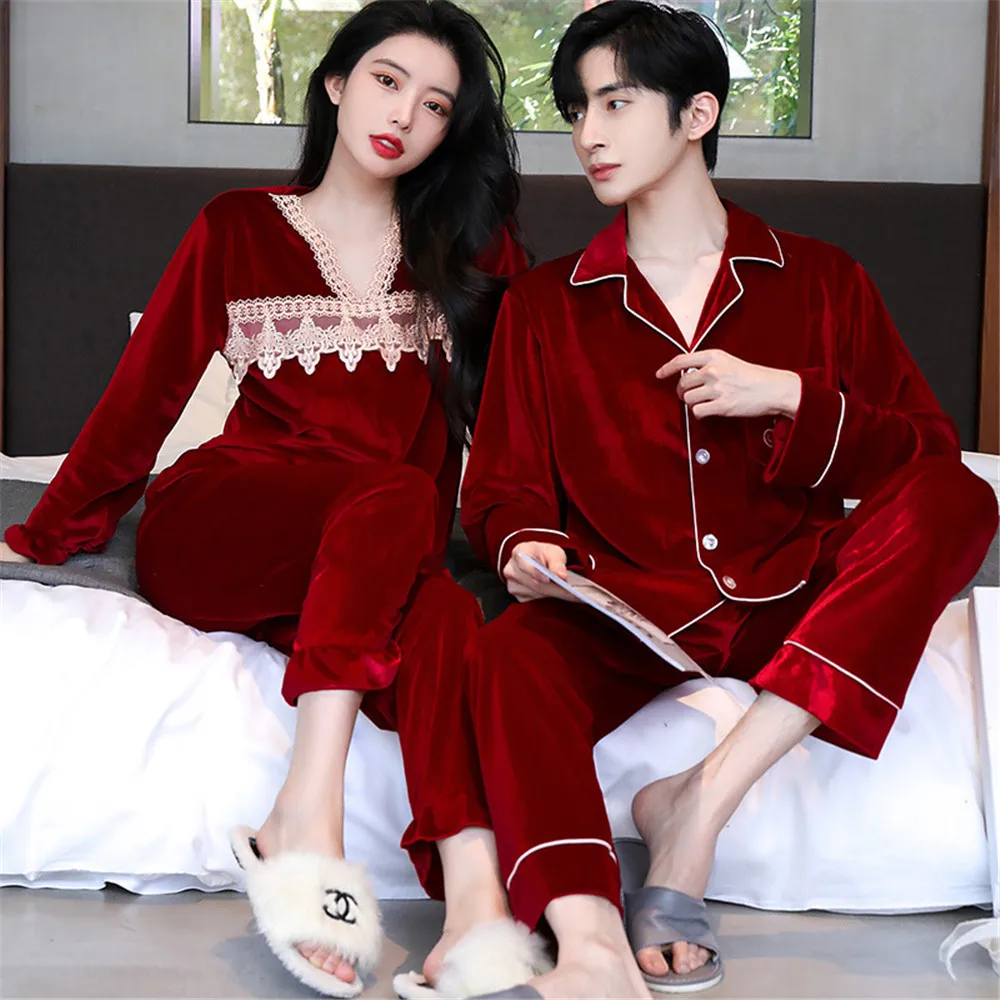 

Couple Velvet Sleepwear Lover Women Men 2PCS Pajamas Set Loungewear Autumn Winter Gold Velour Pijamas Casual Homewear