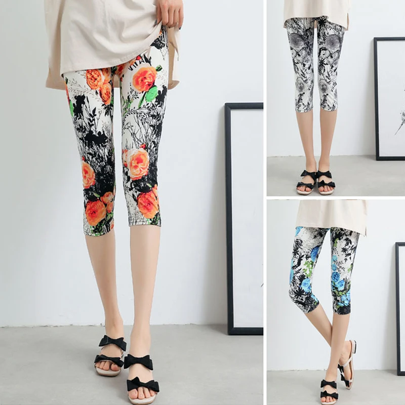 Milky Silk Printed Slimming Seven-Foot Pants Women's Thin Elastic Base Layer Trousers Casual Tight Fit Abdomen a Polyester