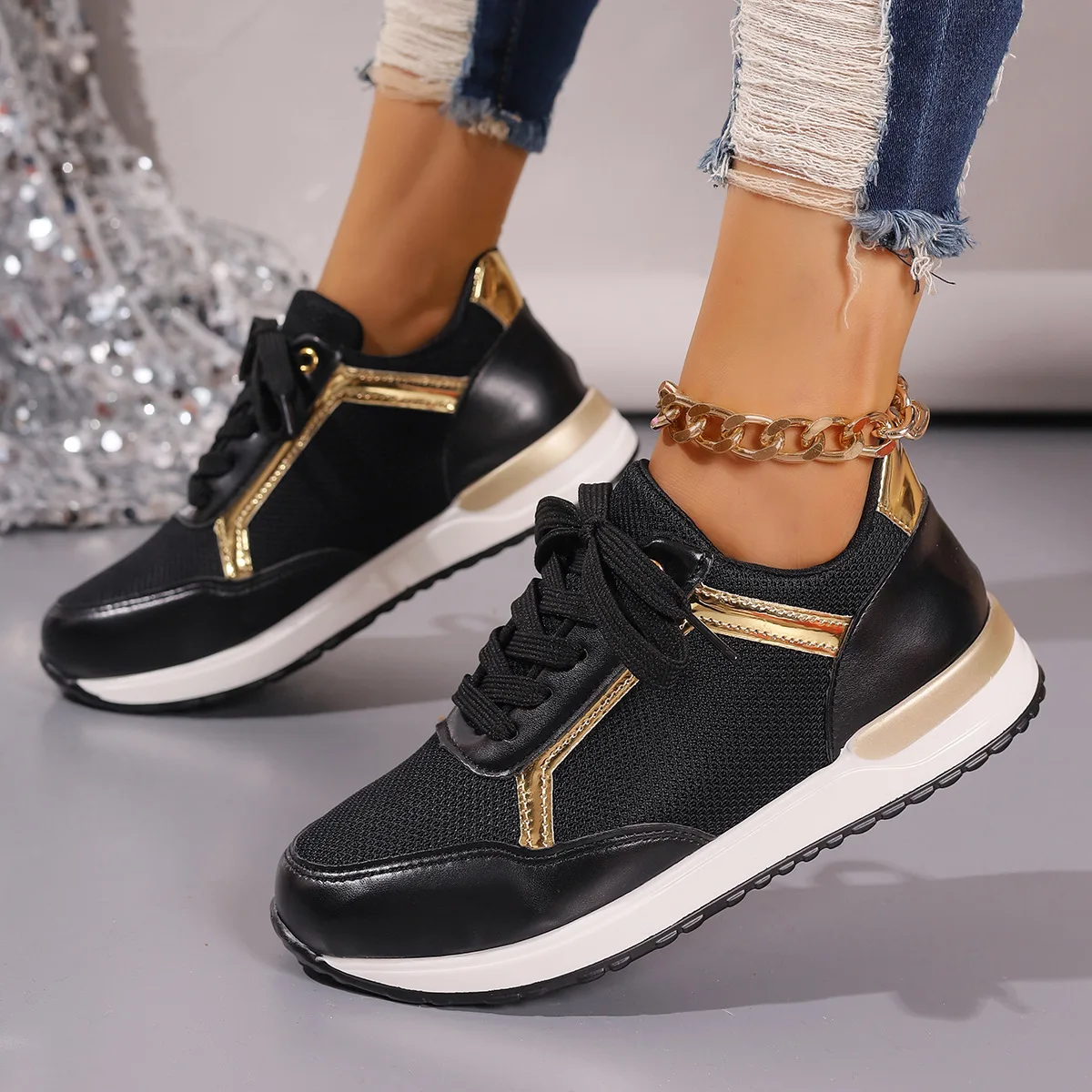 2024 autumn new large size thick bottom color match round head casual sports shoes mesh single shoes women