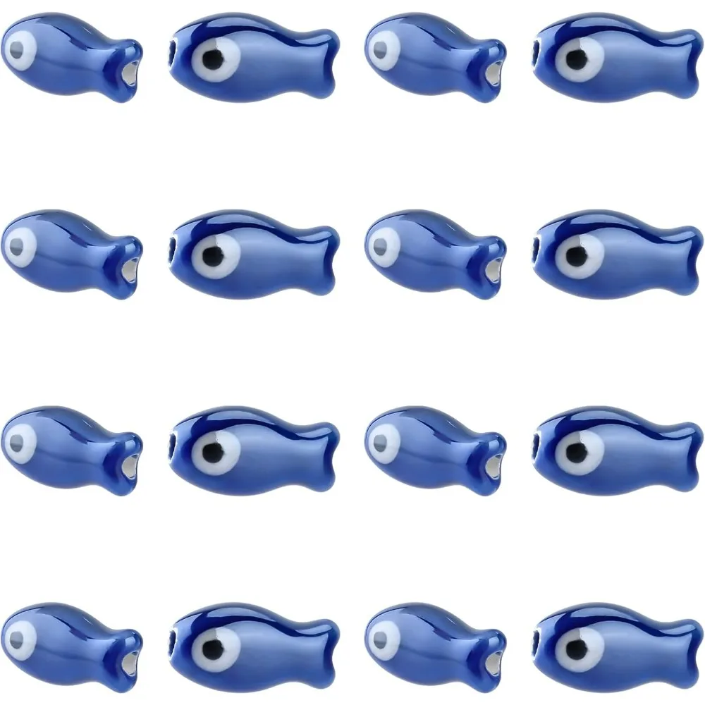 

About 17 Pcs Porcelain Ceramic Fish Evil Eye Beads 3/4×3/8" Blue Evil Eye Charms Glazed Porcelain Turkish Loose Beads making kit