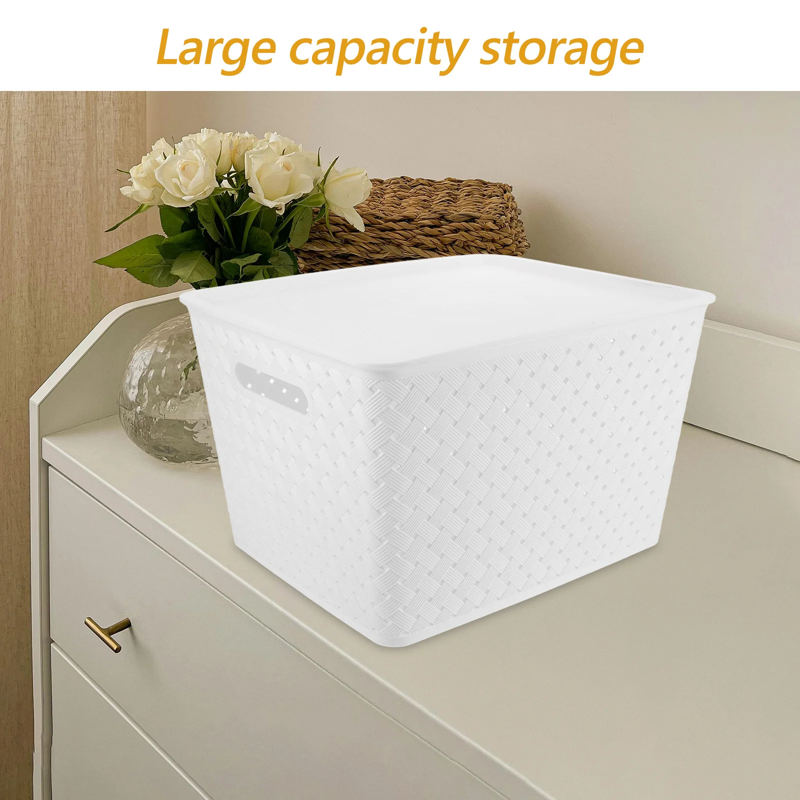 

Plastic Storage Basket With Lid 14X11Inch White Household Organizer For Kitchen Bathroom Bedroom Closet Underbed Stackable