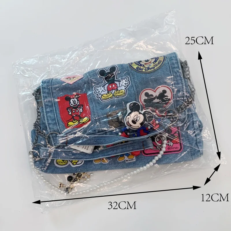 Disney Mickey Women Denim Shoulder Bag Cartoon Personality Girl Shoulder Messenger Bag Retro Denim Lady Bag With Pendant