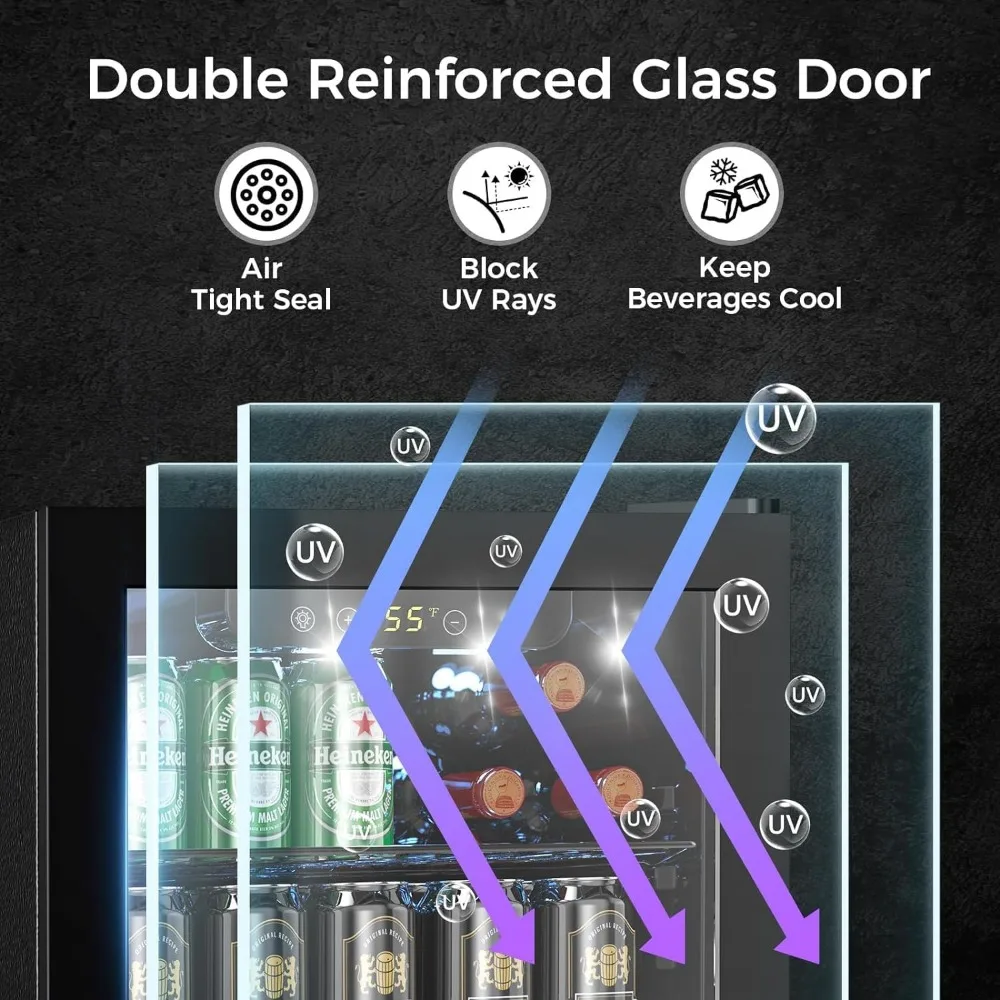 95 can mini fridge with digital temperature control, LED lights, reversible doors, perfect for homes and offices